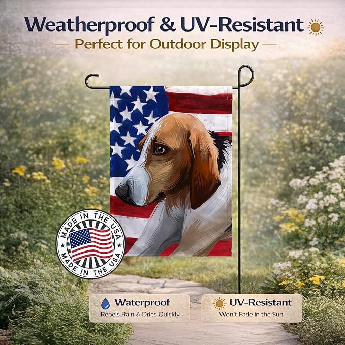 Caroline's Treasures CK6650GF Poitevin Dog American Flag Garden Flag Mailbox Flag Decorative Yard Flag Banner Outside Patio Artwork Yard Flower Beds, Garden Size, Multicolor