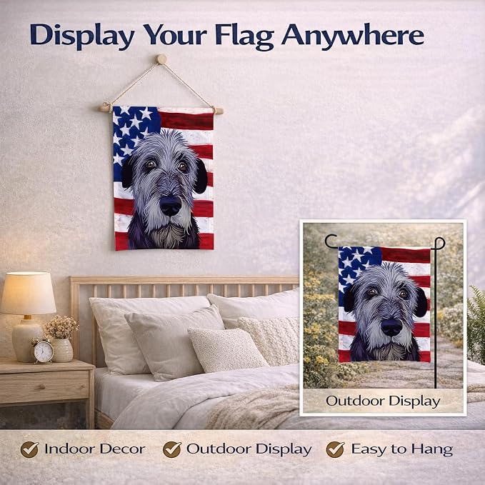 Caroline's Treasures CK6573GF Irish Wolfhound American Flag Garden Flag Mailbox Flag Decorative Yard Flag Banner Outside Patio Artwork Yard Flower Beds, Garden Size, Multicolor