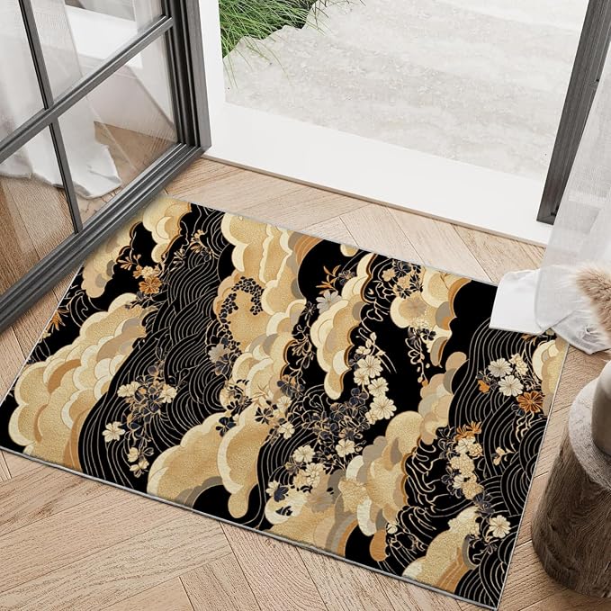 2x3 Black Area Rugs Boho Japanese Rug for Bathroom Kitchen Entryway Indoor Soft Non-Slip Thin Carpet Modern Abstract Rugs for Office Dining Room Under Table Washable Machine