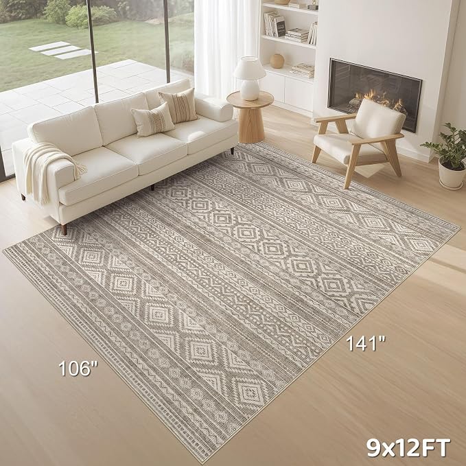 cotiled Boho 9x12 Area Rug for Living Room: Large Moroccan Washable Rug | Solve Modern Neutral Trendy Home Decor - Stain Resistan Carpet for Bedroom Farmhouse Dining Room Coffee Brown