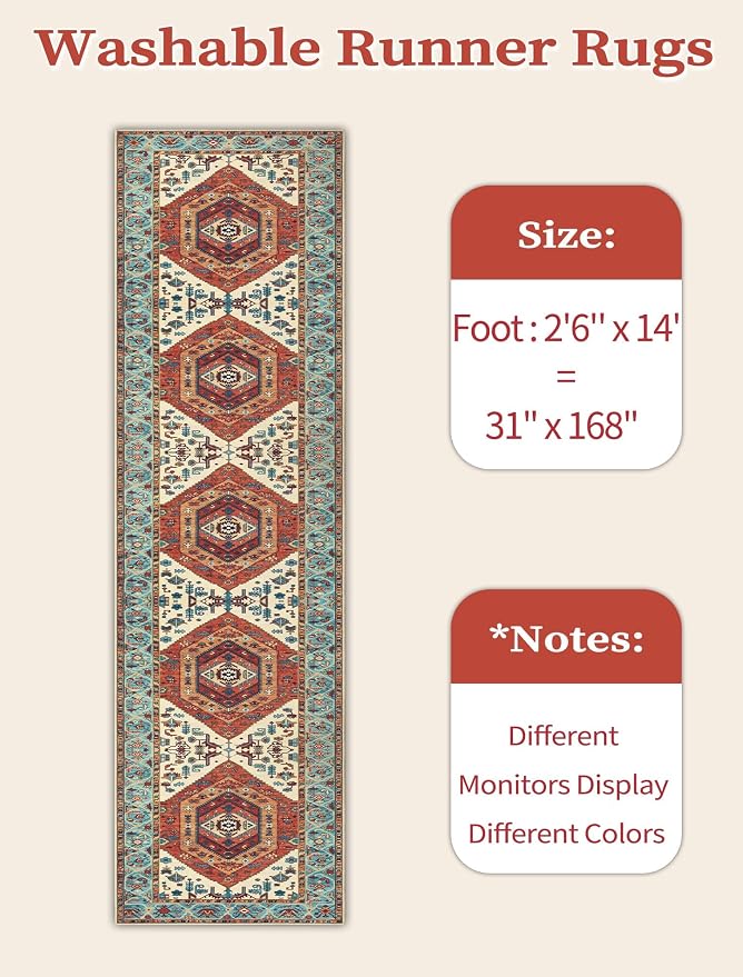 SERISSA 2'6"x14' Washable Non Slip Boho Runner Rug for Hallway，Orange | Ultra Soft Vintage Oriental Carpet Low-Pile Tribal Floor Carpet for Kitchen Bedroom Entryway Bathroom Laundry Room