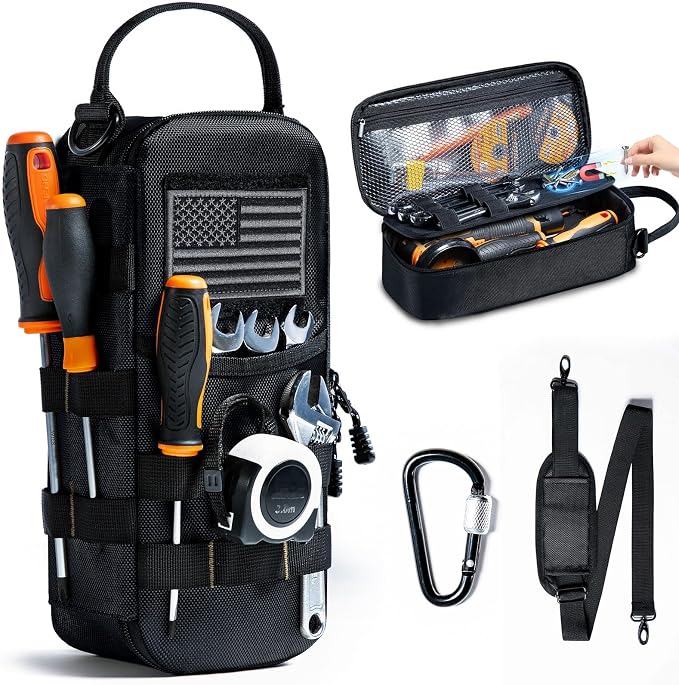 Heavy Duty Small Tool Bags for Men with Carabiner,Tactical Tool Pouch Bag,Portable Utility Tools Storage Organizer Case with Shoulder Strap for EDC,Motorcycle,Camping, Road Trip, Electricians
