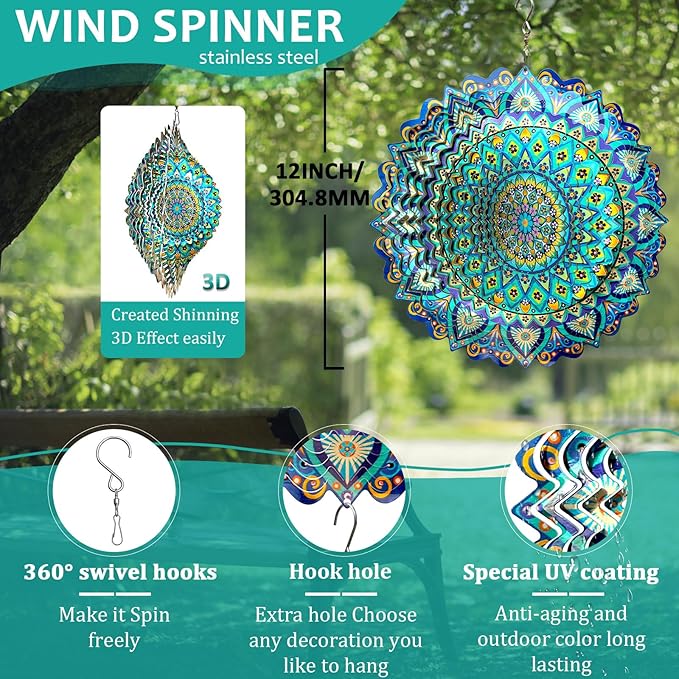 Wind Spinner Mandala Peacock Blue Ocean,12Inch Stainless Steel Wind Spinners Outdoor,Gifts for Women,Mother,Men,Father,Holidays,3D Kinetic Yard Art Decorations,Christmas Garden Decor