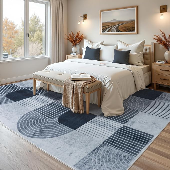 Washable Area Rugs for Bedroom Living Room 4x6 ft, Non-Slip Modern Rug | Stain Resistant, Low Pile, Soft Carpet Indoor Floor Boho Carpet for Kitchen Front Door Entrance Office Kids Room, Blue & Gray