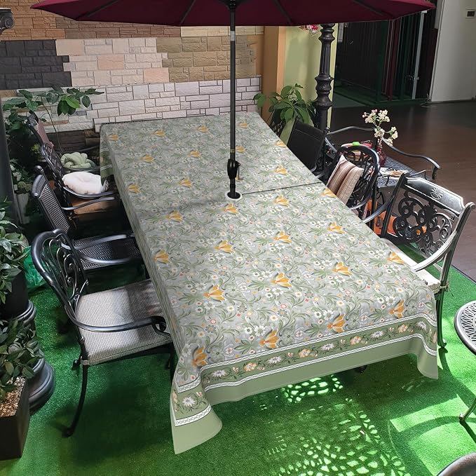Green Print Outdoor Tablecloth with Umbrella Hole 60" x 120" Waterproof Zipper Table Cloth for Patio Table - Ideal Tablecloths for Picnics, Camping, and Yard Use