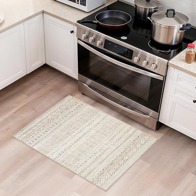 cotiled Washable 2x3 Entryway Rugs: Boho Moroccan Soft Small Rug | Solve Modern Neutral Trendy Home Decor - Stain Resistant for Bathroom Entryway Kitchen Laundry Brown Cream