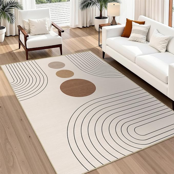 Area Rug 6x9 Boho Modern Minimalist Geometric Abstract Rug Neutral Beige Mid Century Modern Rug for Living Room Machine Washable Non-Slip Printed Low Pile Indoor Carpet for Bedroom Dining Room Office