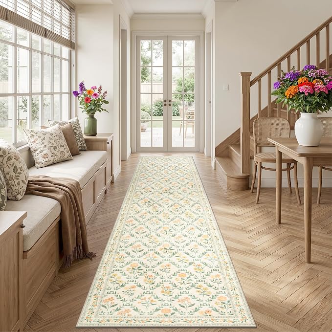 PLHXFR 2.6x14 Washable Runner Rug：Floral Indoor Kitchen Carpet Beige Multi | For Hallway Bedroom Kitchen Laundry Bathroom Dorm,Vintage Floral,Machine washable,Non Slip,Stain Resistant,Indoor Floor