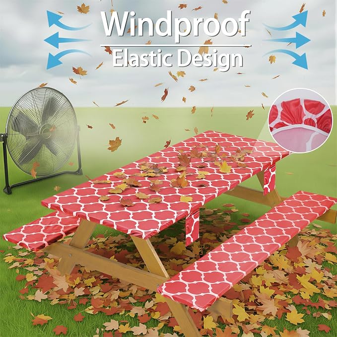Fitted Waterproof Picnic Table Cover with Bench Covers Elastic Heat Resistant Outdoor Camping Tablecloth for 8 Foot Dinning Rectangle Tables Summer Rv Patio Garden Road Trip Essential Gift