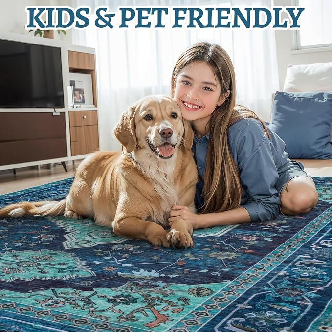 Tangsoo Oriental 2x3 Washable Rugs for Entryway, Non Slip Small Area Rug | Teal Vintage Indoor Front Door Rug, Boho Print Door Mat Carpet, Soft Low Pile Throw Rugs for Entrance Entry Kitchen Bedroom