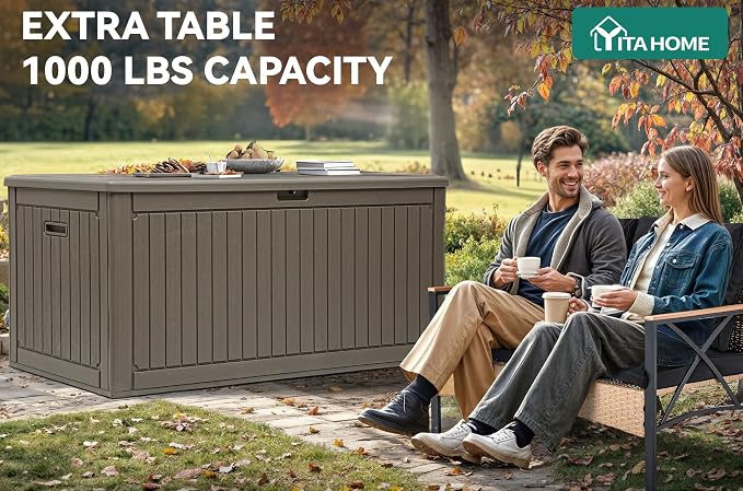 YITAHOME 320 Gallon Extra Large Deck Box, Double-Wall Resin Outdoor Storage Box with Flexible Divider for Patio Cushions Garden Tools, 1000lbs Load Capacity, Lockable & Waterproof (Light Brown)