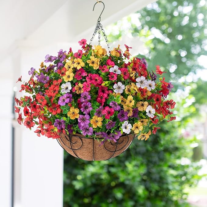 HyeFlora Artificial Faux Hanging Plants Flowers Basket for Summer Outdoor Outside Decoration, Fake Silk UV Sun Resistant Look Real Colorful Daisy Eucalyptus for Porch Home Patio Balcony Yard