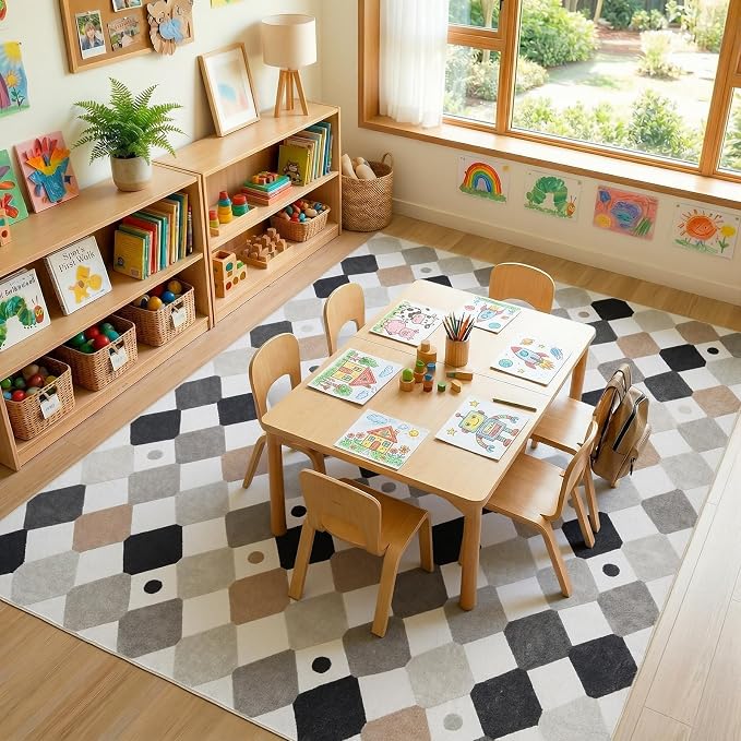 jinchan 8x10 Kids Playroom Rug Washable Diamond Nursery Play Mat Marble | Soft, Non-Slip, Cute, Kid-Friendly, Checkered Geometric, Black White on Cream, Classroom, Living Room, Bedroom, Dorm, Daycare