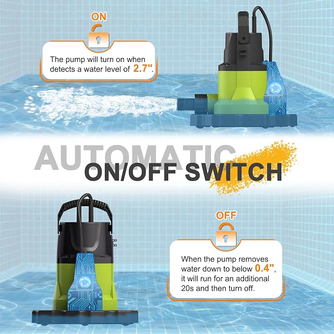 FLUENTPOWER Automatic Pool Cover Pump, 3/4HP 3400GPH Submersible Above Ground Water Removal Pump with Check Valve Adapter, 26FT Power Cord for Pool, Hot Tub, Rooftop, Water Bed, Basement Draining