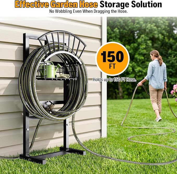 Garden Hose Holder Freestanding with Brass Faucet, Metal Heavy Duty Freestanding Garden Hose Hanger Storage Stand, Hose Storage for Outside Yard Lawn Farm, Outdoor Organizer