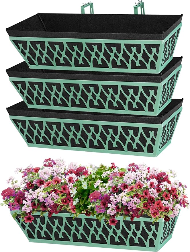 4 Pack 24 Inch Window Boxes Planters Railing Planter Box with Adjustable Brackets & Non-Woven Fabric Plant Grow Bags Deck Railing Planter Boxes Balcony Hanging Flower Box for Outdoor Plants