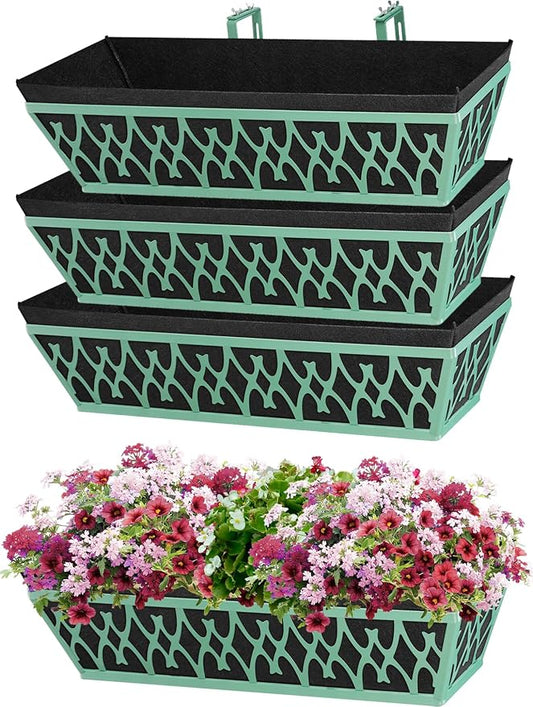 4 Pack 24 Inch Window Boxes Planters Railing Planter Box with Adjustable Brackets & Non-Woven Fabric Plant Grow Bags Deck Railing Planter Boxes Balcony Hanging Flower Box for Outdoor Plants