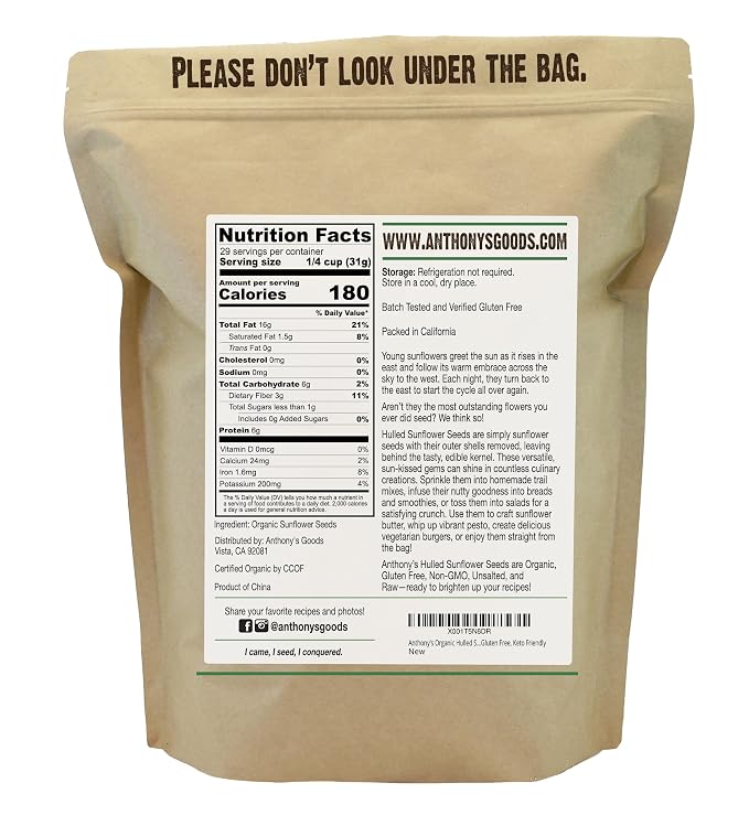 Anthony's Organic Hulled Sunflower Seeds, 2 lb, Raw, Unsalted, Batch Tested and Gluten Free, Keto Friendly