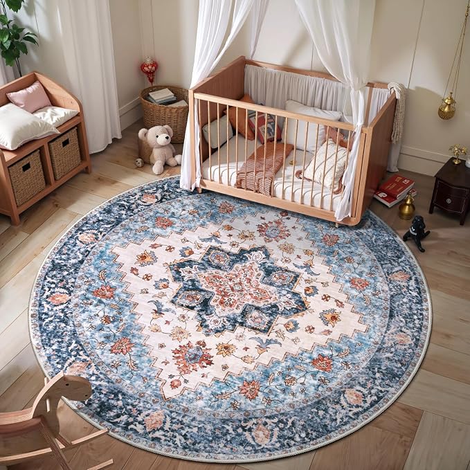 SERISSA 4ft Washable Non Slip Round Boho Area Rug for Bedroom，Blue Orange | Ultra Soft Vintage Oriental Carpet Low-Pile Tribal Circular Indoor Mat for Entryway Kids Room College Dorm Living Room