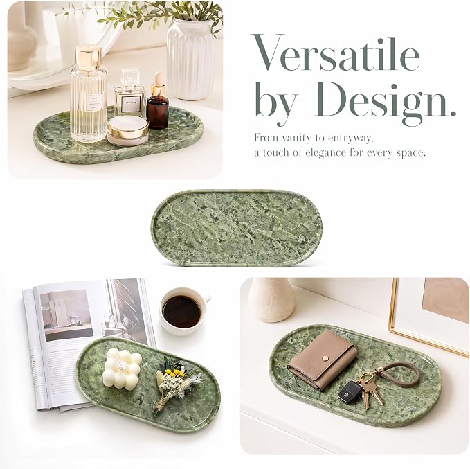 Genuine 100% Natural Marble Tray, Luxury Green Stone Vanity Tray | 11.8" x 5.9" Decorative Oval Trays for Countertop Storage, Bathroom, Dresser, Kitchen, Home Decor, Jewelry Makeup Organizer