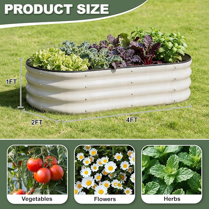 Galvanized Raised Garden Bed- Planter Garden Boxes Outdoor, Raised Beds for Gardening, 4x2x1ft Metal Garden Bed Kit for Vegetables Flower, Planter Raised Bed with Protective Tape & Tools.White-4pack