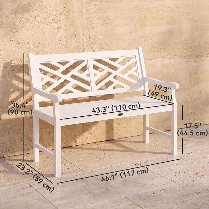 Outsunny Outdoor Garden Bench, Wooden Frame Patio Bench with Geometric Pattern, 43.25 Inch Weatherproof 2-Person Love Seat for Garden, Lawn, Porch, Yard, Work Entryway, White