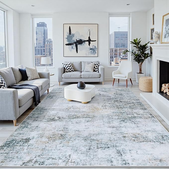 10x12 Washable Area Rug for Living Room Bedroom: Non-Slip Modern Blue Grey | Machine Washable TPR Backing, Stain-Resistant Low Pile, Pet & Kid Friendly, Abstract Decor for Dining Room, Dorm, Home Office