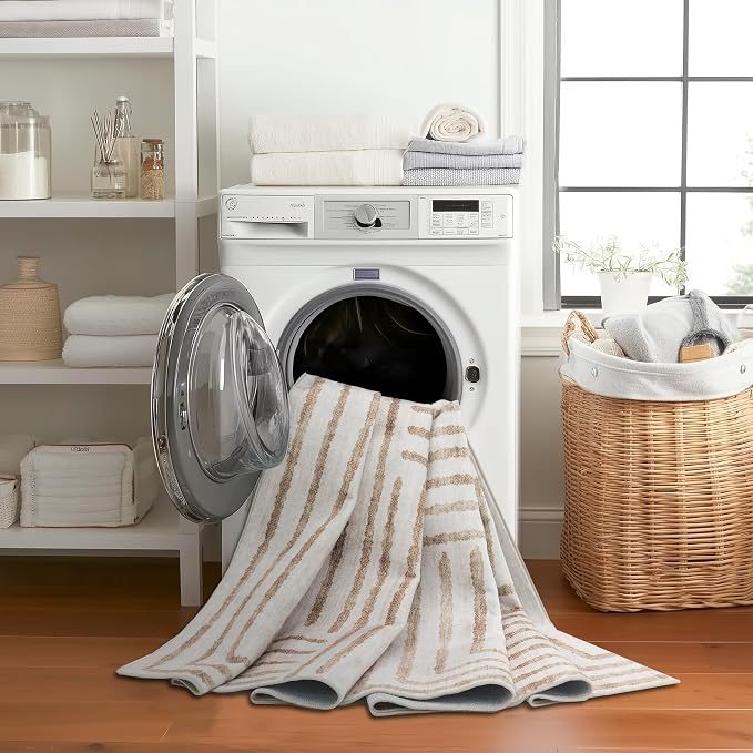 Machine Washable Area Rug Runner - Living Room Bedroom Bathroom Kitchen Entryway Office - Non-Slip Baking Low Pile Stain Resistant Premium - Modern Geometric - Finn - Beige 2'6" x 8'