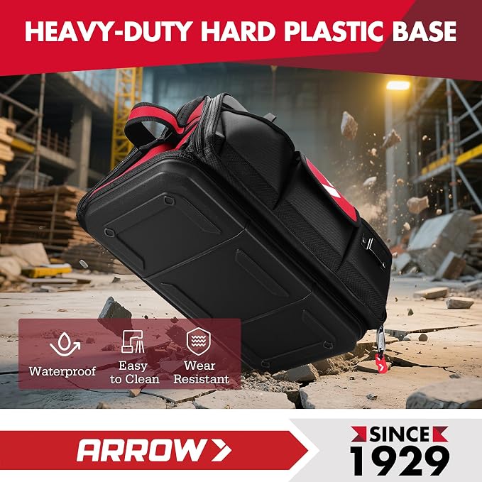 ARROW 17" Large Tool Bag with 36 Multipurpose Pockets, Tool Bags for Men Heavy Duty with Waterproof Hard Base, Reflective Band, Wide Open Mouth Toolbag for Electrician Mechanic Plumber HVAC