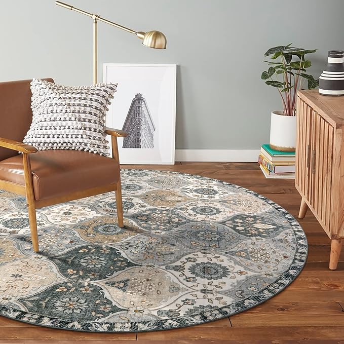 Lahome Moroccan Washable Round Rug 5ft, Soft Circle Rug for Dining Room | Office Vintage Bedroom Bathroom Entryway Distress Non Slip Low Pile Stain Resistant Accent Rug Elise, Grey
