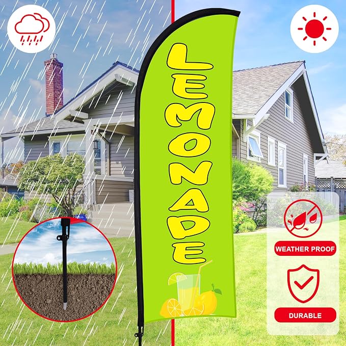Hahafelt 2 Sets Lemonade Open Feather Flag for Business Advertising 8 ft Feather Flag Sign with Flagpole Ground Stake Portable Bag Lemonade Banner for Outside Park Garden Restaurant (Green)
