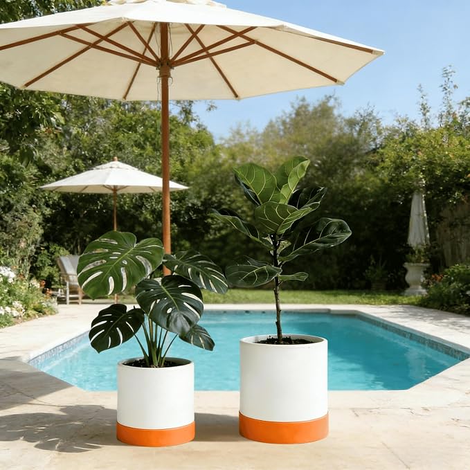 GreenShip Planter Set of 2 (13.8" & 11.8") – Cylinder Planters with Drainage Hole and Planter Saucer, Jun Porcelain Clay & Recycled Resin, Decorate Home,Office & Outdoor,White pots