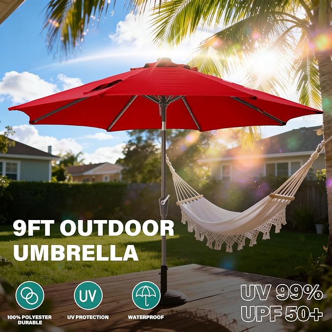 9FT Solar-Powered LED Patio Umbrella with Tilt Crank,Outdoor Market Umbrella with 32 Lights,Sunshade for Deck, Garden and Pool