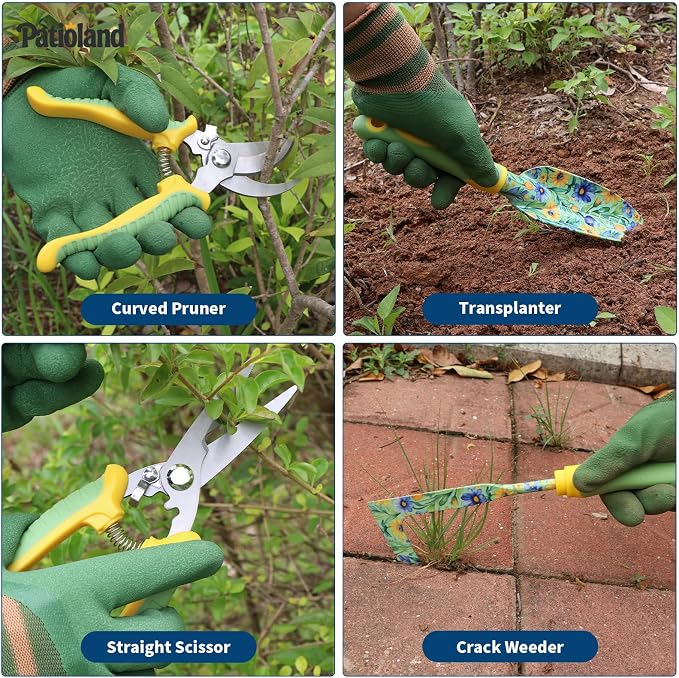 10-Piece Green Garden Tool Set, Patioland Floral Aluminum Gardening Hand Tools W/Ergonomic Handles, Kneeling Pad, Apron, Gloves, Organizer Tote Bag,Complete Garden Supplies Starter Kit Gift for Women