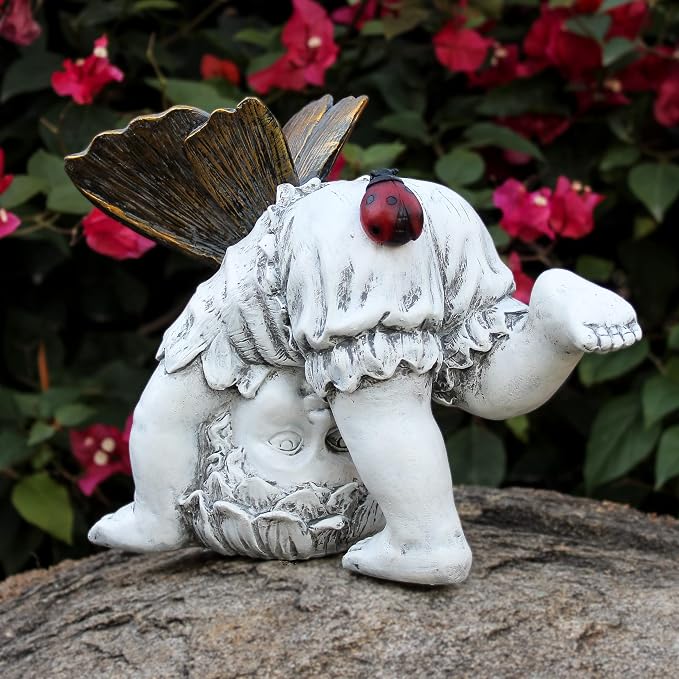 Suyorpe Solar Fairy Garden Statue Decor - Gifts for Women Mom Mother's Day, Angel Boy Resin Figurine Waterproof Home Decoration with Ladybug LED Lights for Outdoor Balcony Lawn Yard Patio