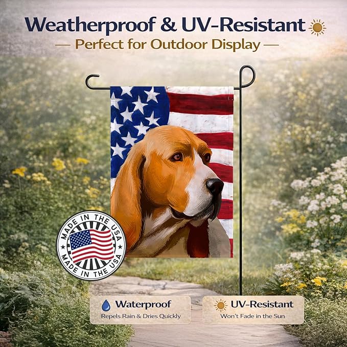 Caroline's Treasures CK6409GF Artois Hound Dog American Flag Garden Flag Mailbox Flag Decorative Yard Flag Banner Outside Patio Artwork Yard Flower Beds, Garden Size, Multicolor