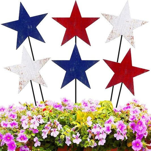 Pickmesh 6 Pcs 12" H 4th of July Outdoor Decor Vintage Patriotic Yard Decor Rustic Red Blue White Outdoor Metal Yard Sign Garden Stake Star 250th Anniversary American for Independence Day Decoration