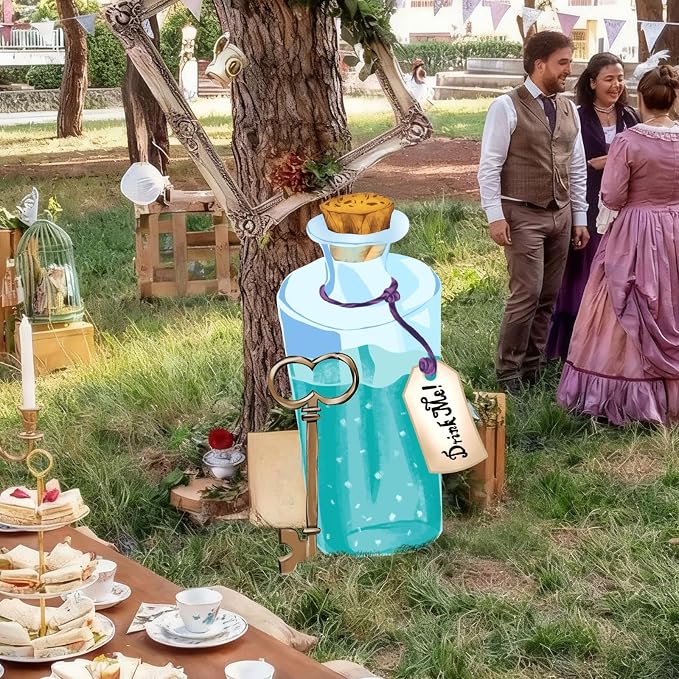 Preboun Wonderland Tea Party Decor Outdoor Down The Rabbit Hole Garden Decor Yard Sign Vintage Gold Oval Tea Party Decoration for Wonderland Birthday Baby Shower Lawn Garden(Blue Medicine Bottle)