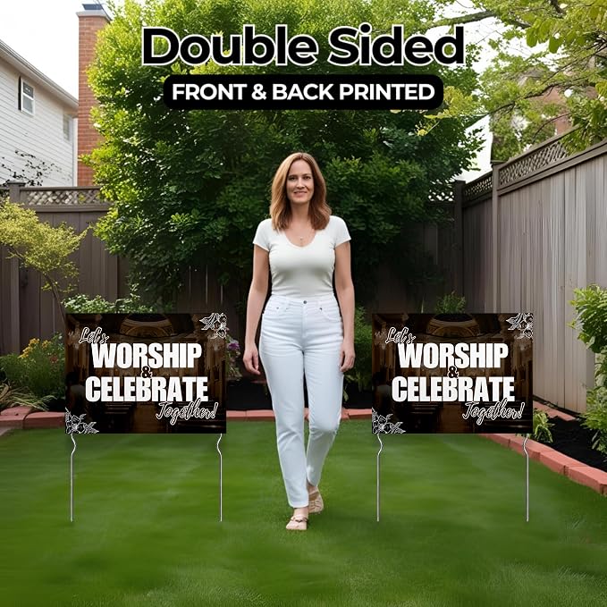 Let’s Worship & Celebrate Together! Yard Sign by DC | 24"x18" Double Sided Church Garden Sign with 13” Metal Stakes | Outdoor Signs Waterproof for Lawn, Patio, Sidewalk & House | Set of 5