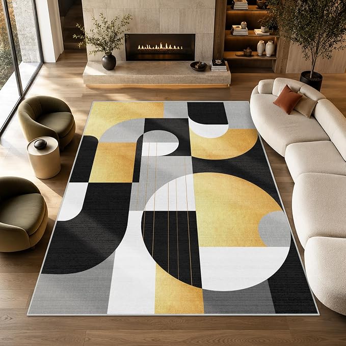 5x7 Black and Gold Geometric Modern Area Rug for Living Room Bedroom Abstract Large Rug Machine Washable Non-Slip Carpet for Dining Room Office