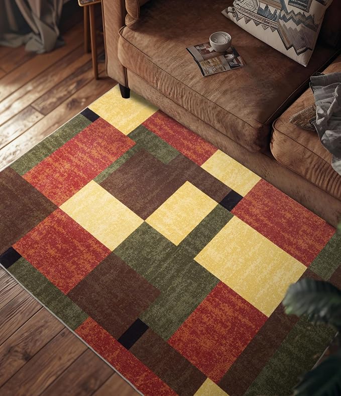 Red and Green Rug 3x5, Burgundy Farmhouse Vintage Rugs Washable for Living Room,Burnt Orange Area Rug Non Slip,Geometric Boho Area Rug for Kitchen,Dining Room,Bedroom