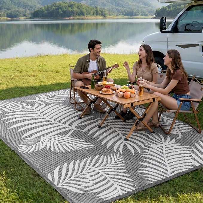 Kohree Outdoor Rug Waterproof 8x10, Reversible Outdoor Plastic Straw Rug with Leaf Pattern, Easy-Cleaning RV Mat Carpet for for Patio, Camping, Balcony, Deck, Backyard, Grey & White