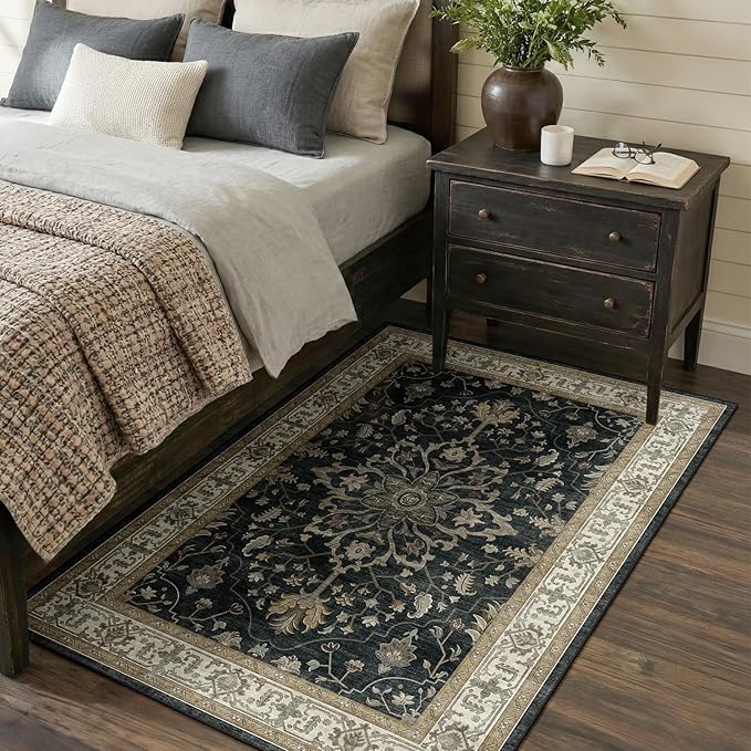 RELEANY Washable Area Rug, 3'x5', Black/Vintage/Beige | Non-Slip, Water Repellent, Pet Friendly, Easy to Clean, Vintage Floral Boho Decor for Living Room Bedroom Beside Kitchen