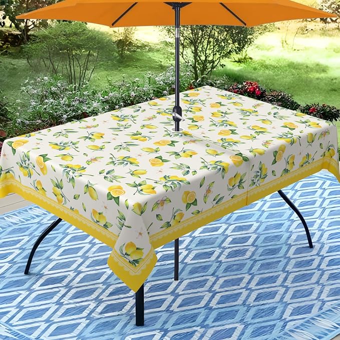 Lemon Outdoor Tablecloth with Umbrella Hole 60" x 84" Waterproof Zipper Table Cloth for Garden - Ideal Patio Table Cover for Picnics, Camping, and Yard Use