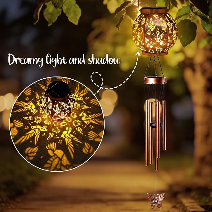 Christmas Hummingbird Lantern Wind Chime - Handcrafted Garden Art with Melodic Tones, Weather-Resistant Metal Wind Chime for Outdoor Patio, Porch, and Garden Decor, for Nature Lovers