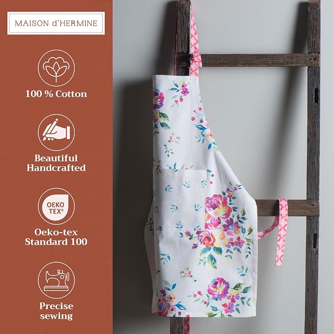 Maison d' Hermine Aprons for women with Pocket 100% Cotton (27.50"x31.50") | Adjustable Neck Strap & long ties Apron Men Chef Wedding Cooking Gardening Server Maid