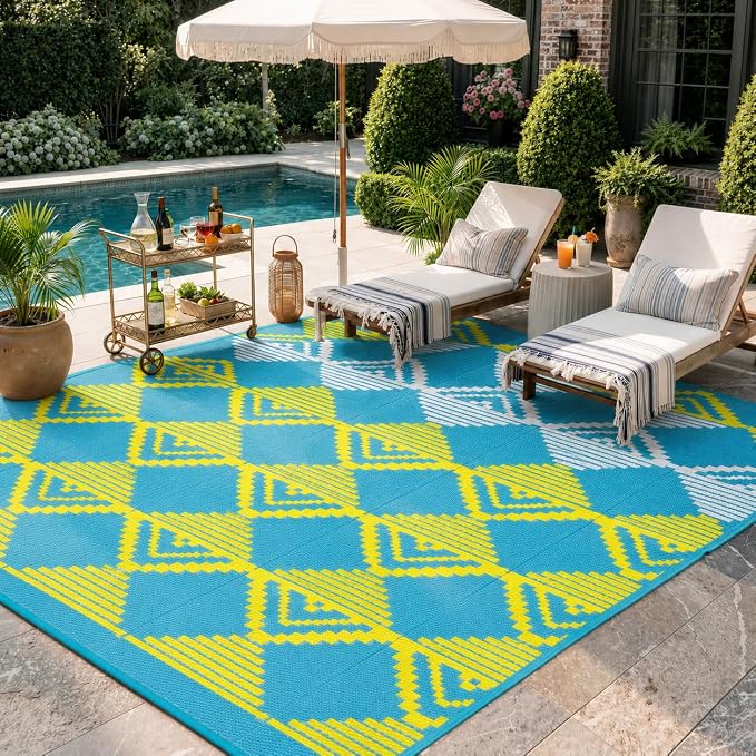 Lahome Outdoor Plastic Straw Rug, Reversible Outdoor Rug Waterproof 6x9 Patio Rugs, Camping Rugs for RV Backyard Deck Porch Picnic Beach Trailer (Blue/Yellow, 6' x 9')