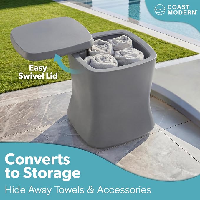 Coast Modern Outdoor Side Table Cooler- 2 in 1 Patio Decor Storage Table & Ice Chest - 25 QT - White, Gray, Sand, Stone Blue, Black