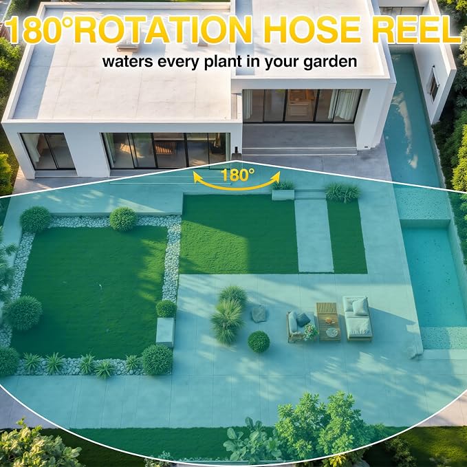 Retractable Garden Hose Reel 100 ft x 1/2" | Any Length Lock & 180°Swivel | All-weather Garden Hose Reel Wall Mount for Outside, Retractable Hose with 10-Pattern Nozzle for Cleaning, Watering