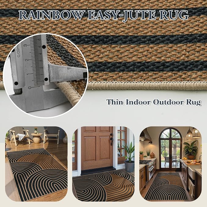 Lahome Modern Rainbow Easy Jute 3x5 Rug, Washable Indoor Outdoor Carpet for Entryway Farmhouse Patio Rug, Non Slip Indoor Door Mat Contemporary Throw Carpet for Porch Guestroom Room Decor
